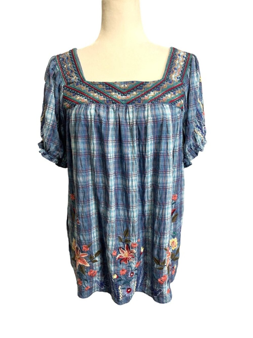 Johnny Was Workshop Women Size M Aimee Peasant Top Floral Embroidered Blue Plaid - Picture 2 of 8